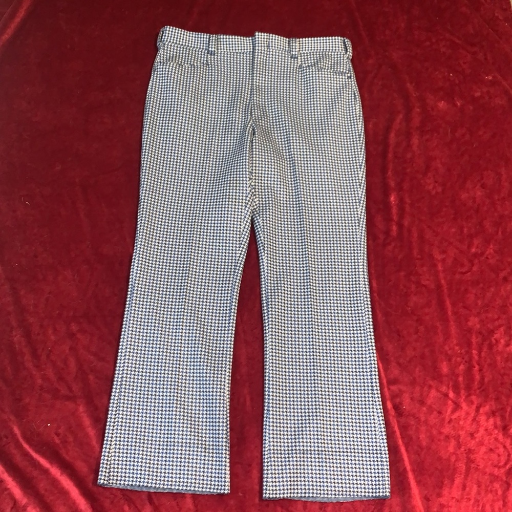 Men's Vintage 70s Blue/White Checkered Houndstooth Flat Front Pants Size 38x32